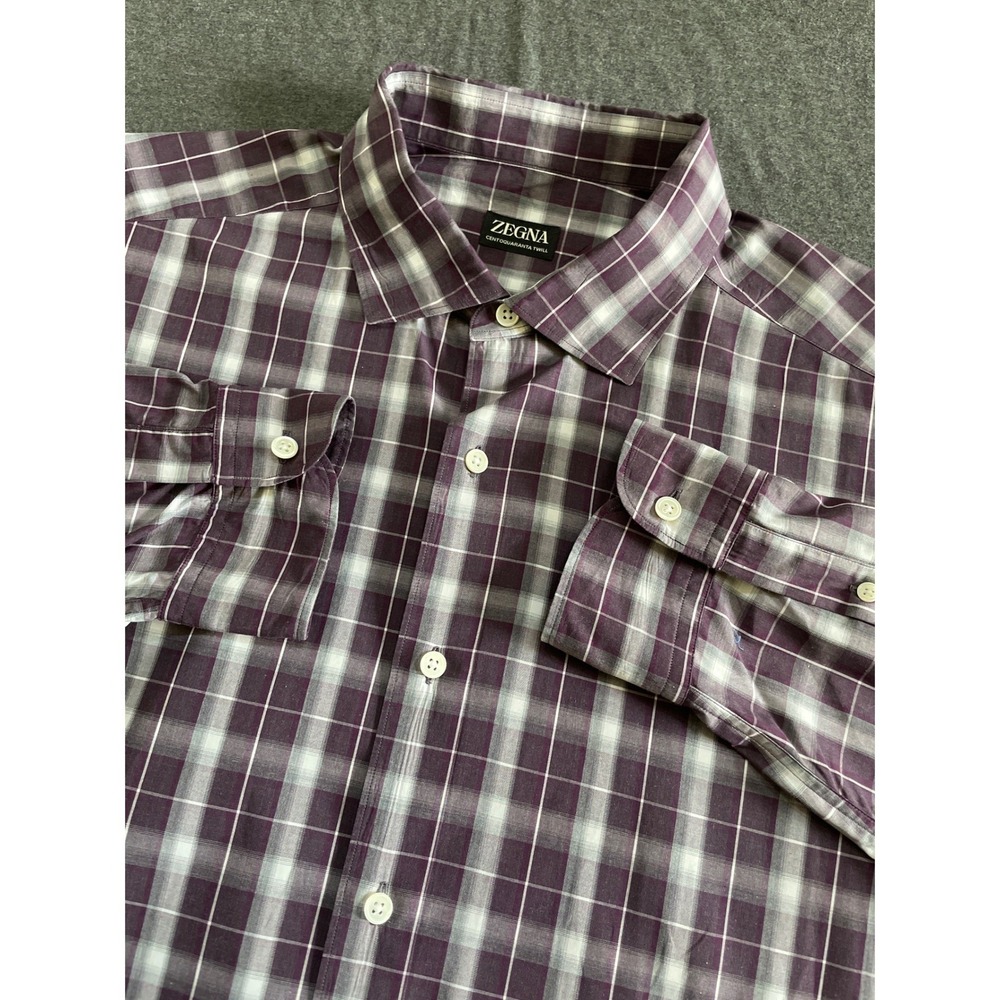 Zegna Centoquaranta Shirt Mens XXL Purple Plaid Twill Cotton